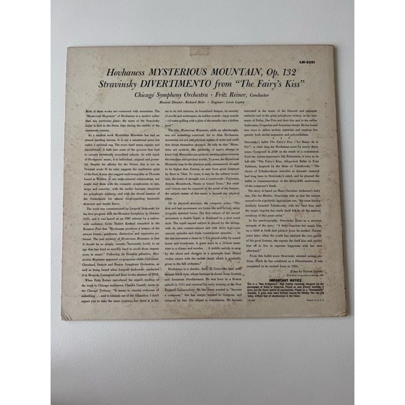 Mysterious Mountain Divertimento Fairy's Kiss Fritz Reiner LP LM-2251 Mono VG+ - Picture 2 of 8